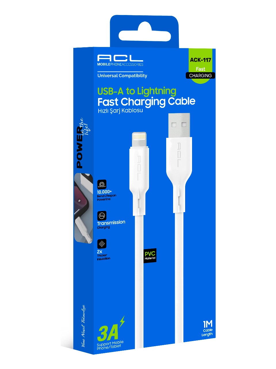 Acl ACK-117 3A Hızlı Şarj Kablosu | Usb-A To Lightning | 1 Metre | Dayanıklı Pvc Malzeme